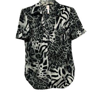 Black and Light Blue Animal Print Short-Sleeved Women’s Button Down Shirt